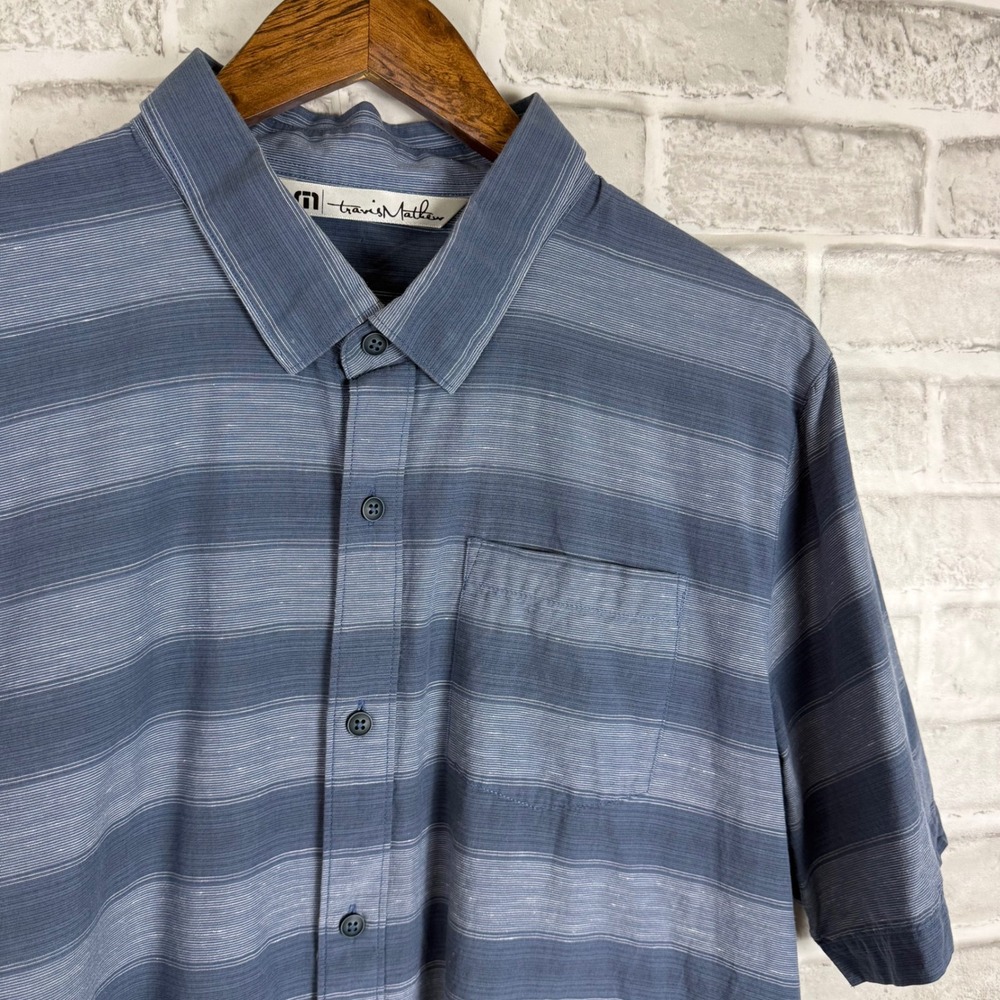 Travis Mathew Mens Blue Striped Short Sleeve Button Up Shirt XL 100% Cotton
